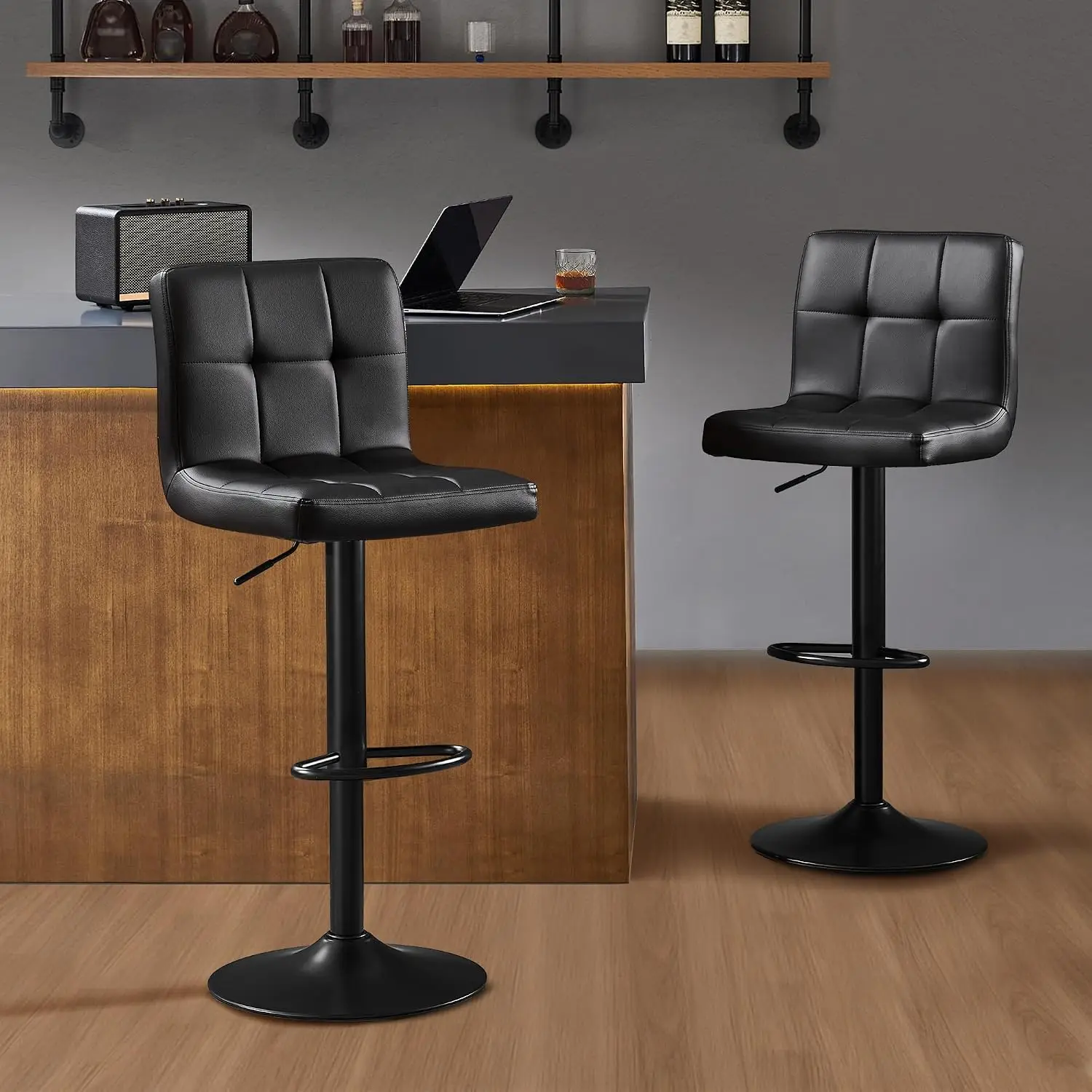 Bar Stools Set of 2, Thickened Seat Cushion Square Swivel Bar Stools with Back, Adjustable Counter Height Bar Chairs