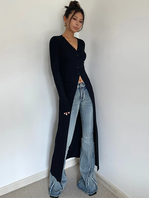 WOMENGAGA Long Cardigan Tops This Autumn Women 2023 New Slim Dress Elegant Fashion Women Dresses 2023 New V Enck E6JL