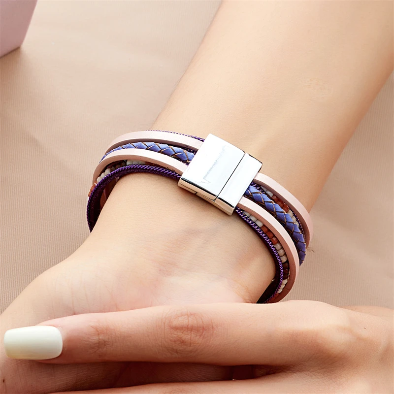 Böhmische Vintage mehr schicht ige Leder armbänder für Frauen hand gefertigte gewebte Leder breite Magnet verschluss Herren Armreif Modeschmuck – Detail 7