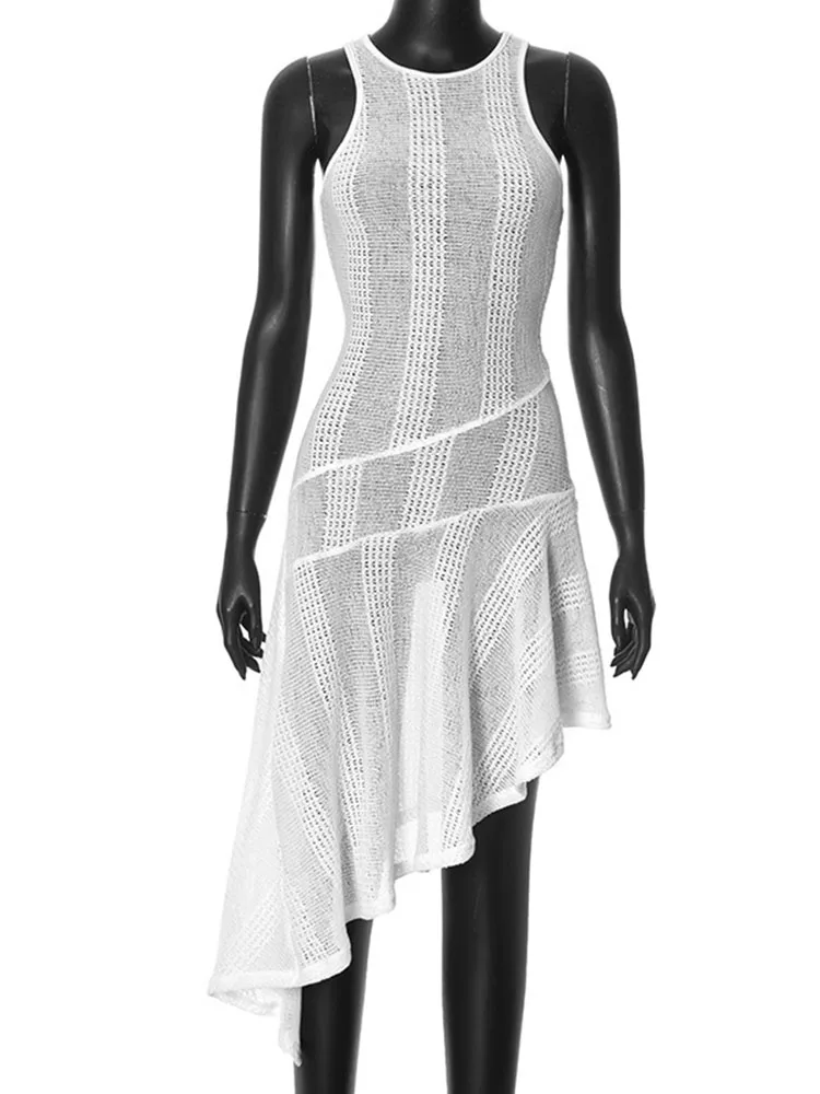 Tossy-vestido blanco ahuecado con volantes para mujer, vestido Sexy de cintura alta de Color sólido, sin mangas, Irregular, nueva moda de verano