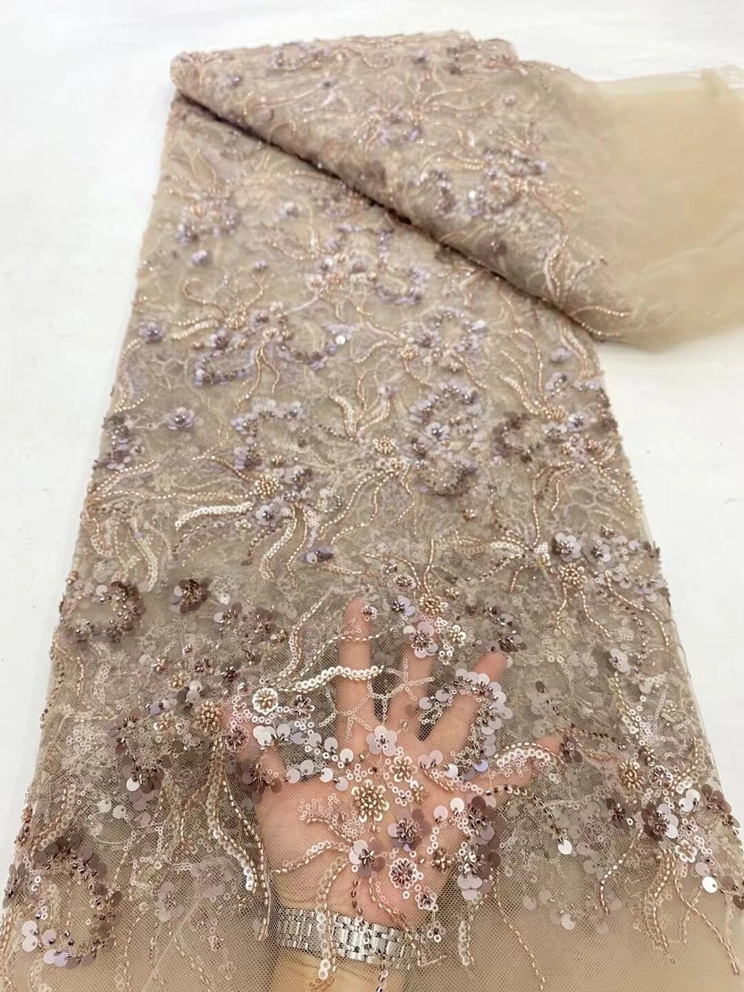 

African Nigerian Tulle Lace Fabric,High Quality，Sequins EmbroideryBeaded, French GuipureWedding Party Dress, 5Yards, 2024