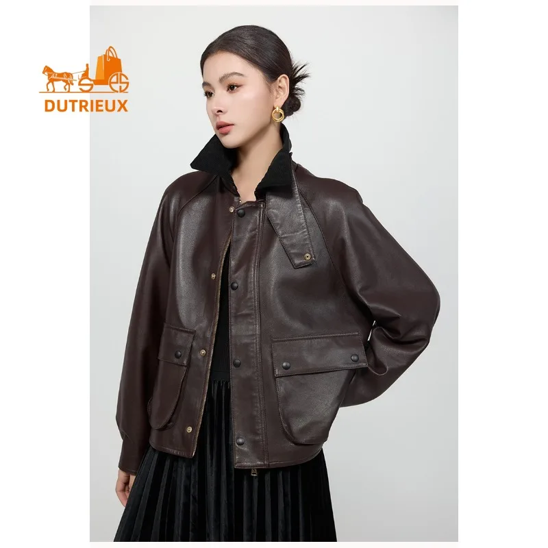 ファッションエレガントな秋冬の豪華な襟付き本革ジャケット女性用、100％本物の羊革、女性用のゆったりとしたカジュアルコート