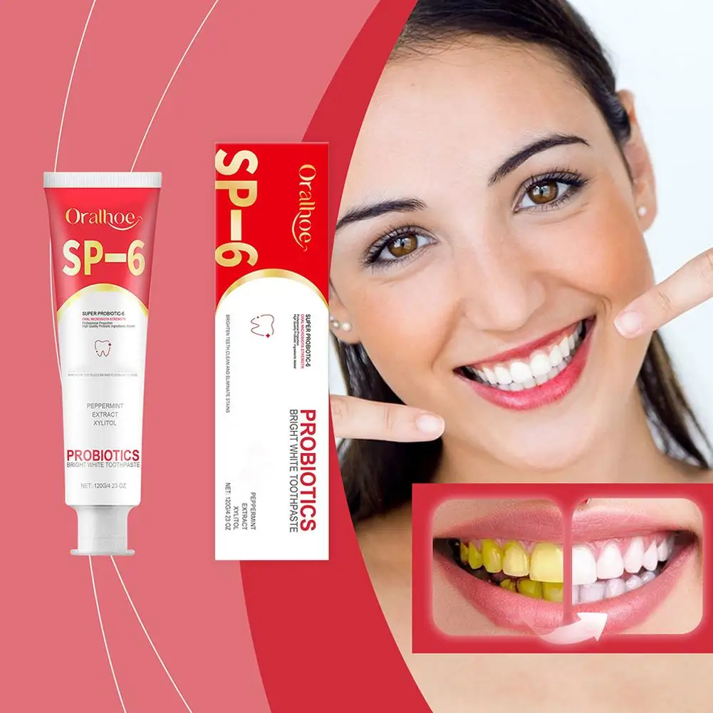 Pasta de dientes blanqueadora probiótica SP-6, elimina el mal aliento, placa Dental, manchas, cuidado bucal, 120g para mujeres y hombres