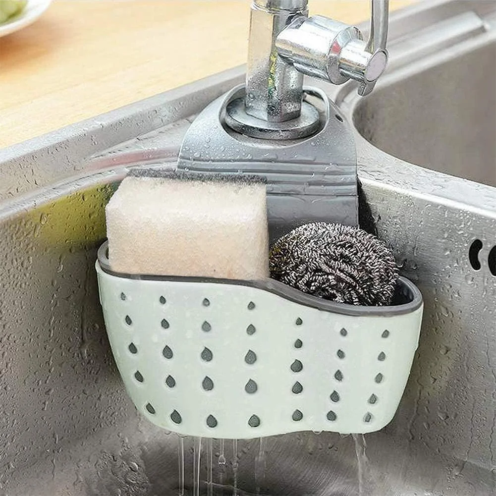 LMETJMA Kitchen Sink Caddy Sponge Holder Hanging Kitchen Adjustable Strap Faucet Storage Hanging Basket For Sponage Soap JT-005