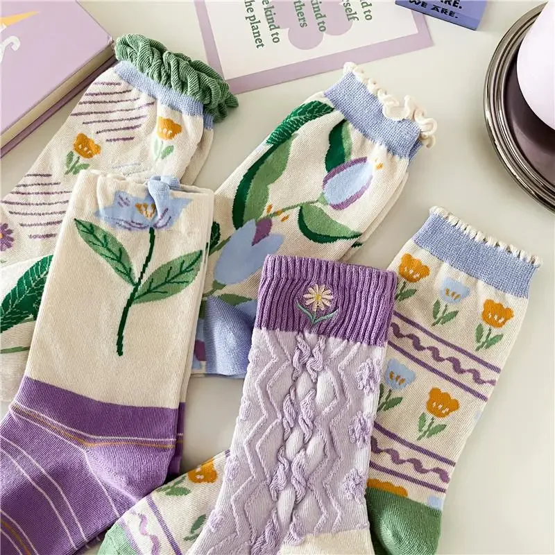 

Blue Purple Socks Japanese Fashion Lacework Ruffles Socks Women Embroidery Floral Harajuku Vintage Streetwear Cotton Long Socks