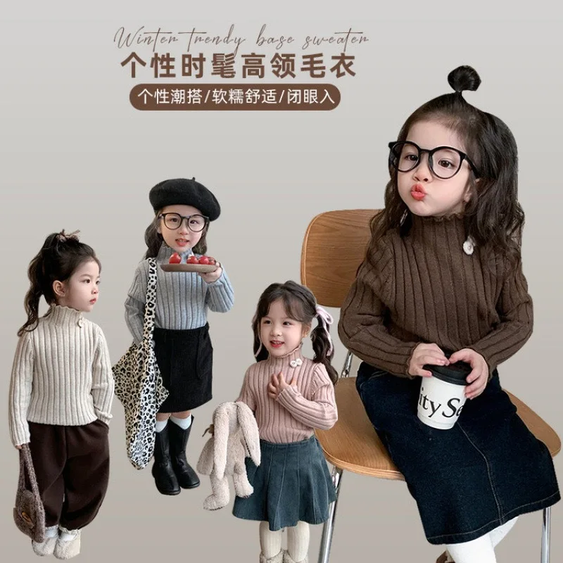 

01-Girls' Thickened Sweater for Autumn and Winter2025New Children's Knitted Sweater Baby Winter Half Turtleneck Base Shirt Top