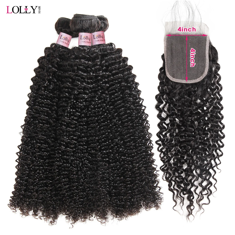 LOLLY Curly Wave Bundles With Closure Brazilian Hair Weave 3/4 Bundles With Closure Natural Human Hair Bundles With Closure