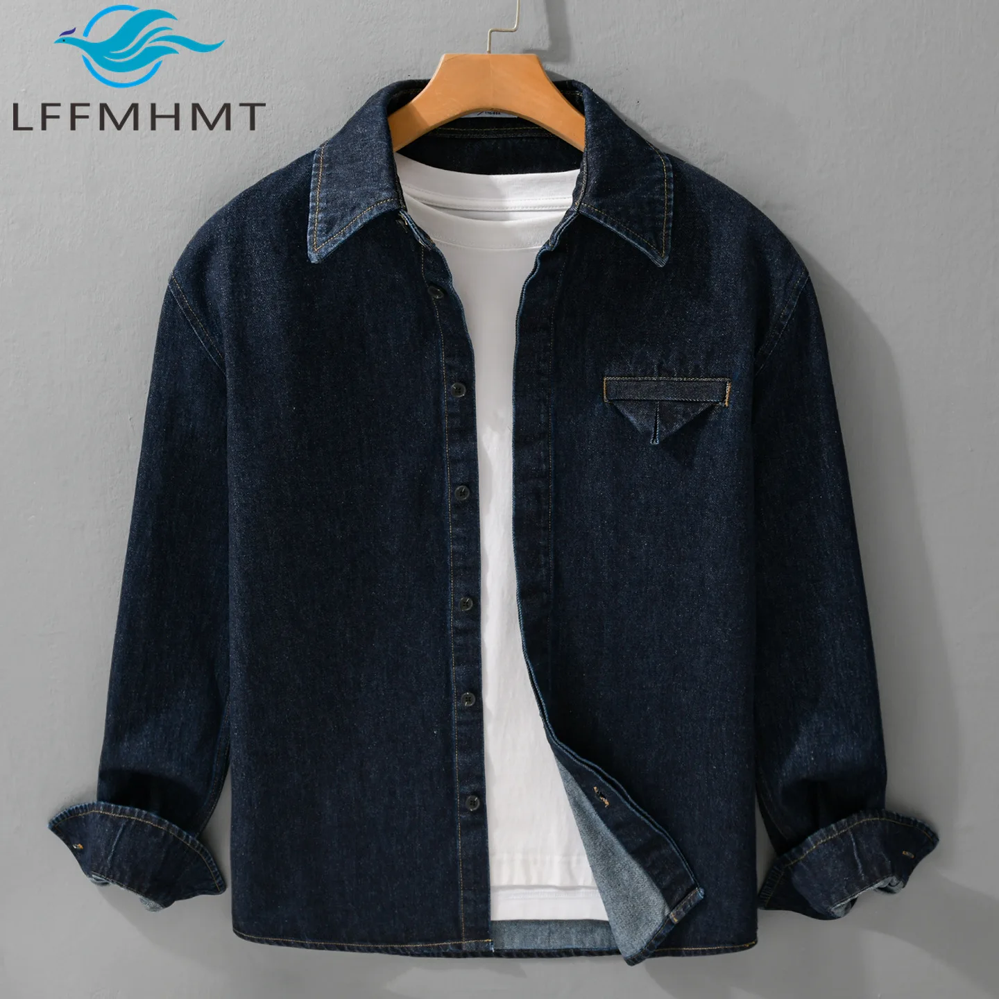 

6193 Мужская тяжелая джинсовая рубашка в японском стиле, однотонная, с уникальным дизайном с нашивками, с длинным рукавом, свободная посадка, уличная одежда, весеннее пальто, мужское