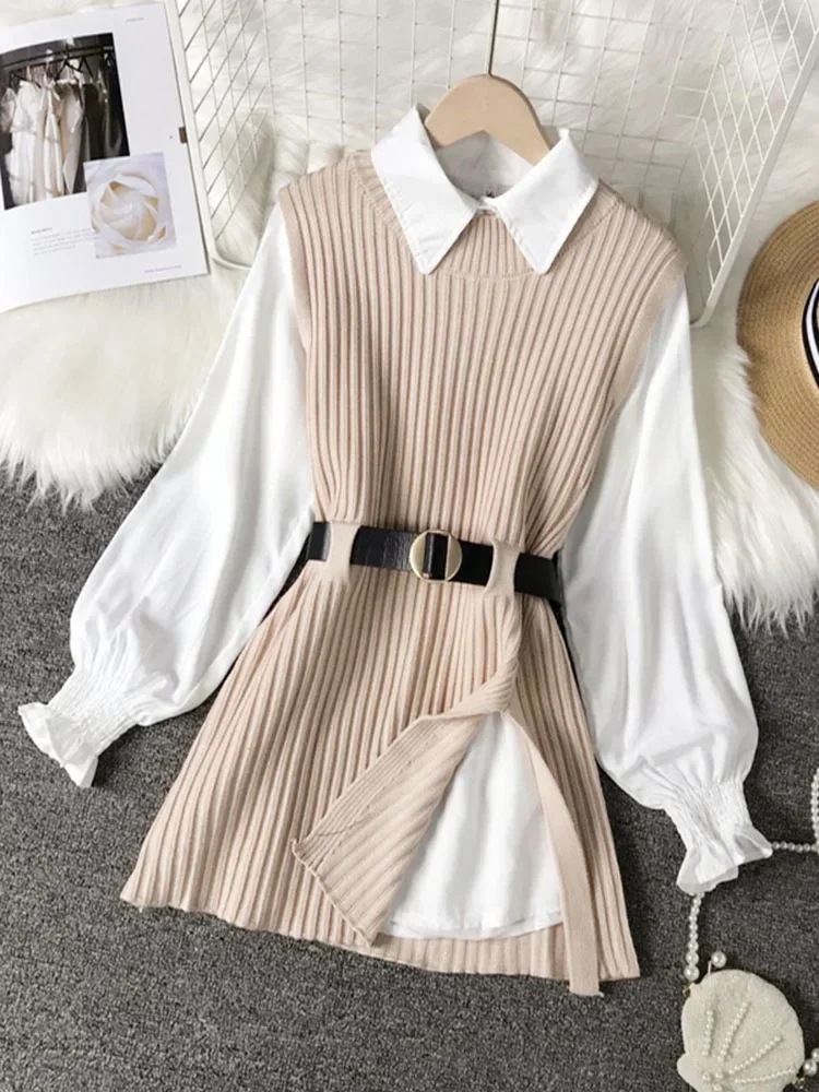 Spring Autumn Women\'s Lantern Sleeve Shirt Knitted Vest Two Piece Sets of College Style Waistband Vest Two Sets Top UK900