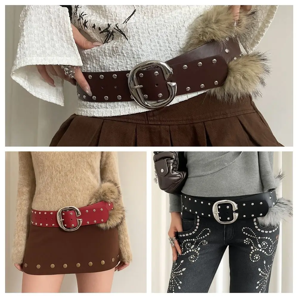 Fashion Rivet Leather Fur Belt Faux Fur Punk Y2K Waistband Retro Western Style Plush Belt Women