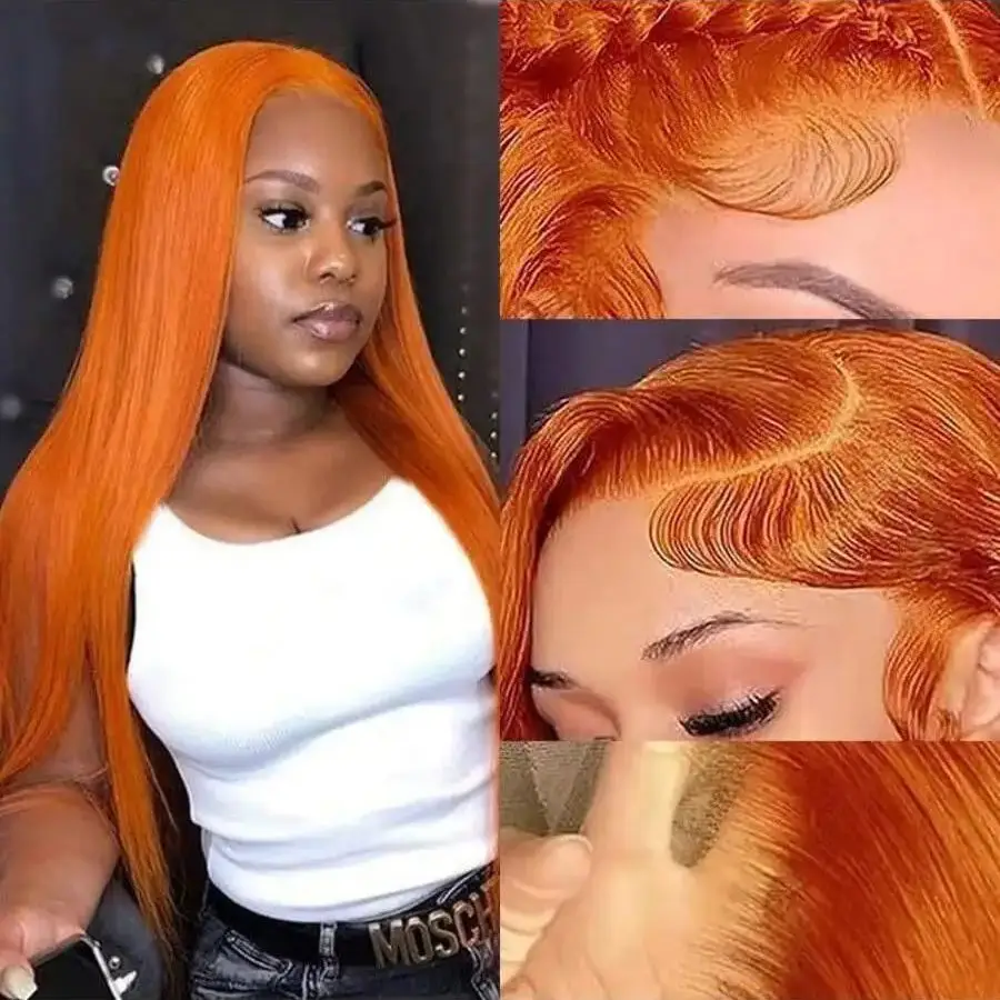 200% 34 بوصة مستقيم البرتقال الزنجبيل 13x4 الدانتيل الباروكات الأمامية شعر الإنسان 350 الملونة البرازيلي HD الدانتيل الشفاف قبل قطعها شعر مستعار #2