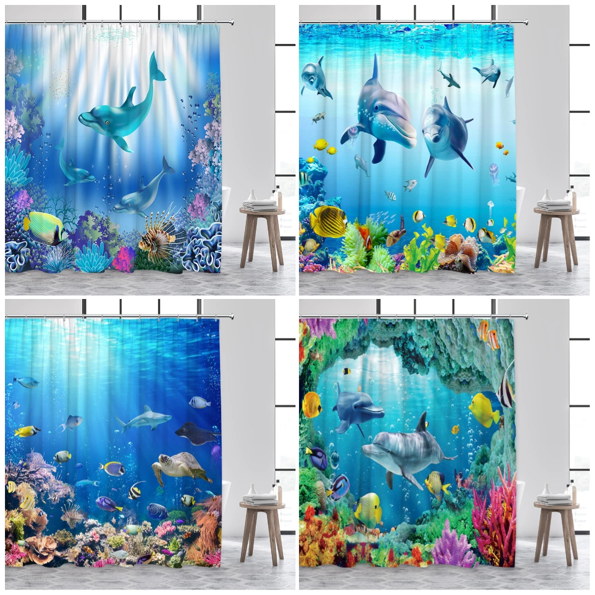 

Funny Dolphin Shower Curtains Cartoon Ocean Animal Tropical Fish Sea Turtle Underwater Landscape Children Bathroom Curtain Decor