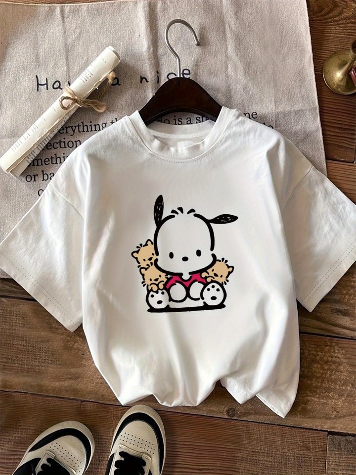  Ladies' Printed Short Sleeved Fashionable Casual Round Neck T-shirt with Cute Cartoon Pattern Top for Daily Wear 