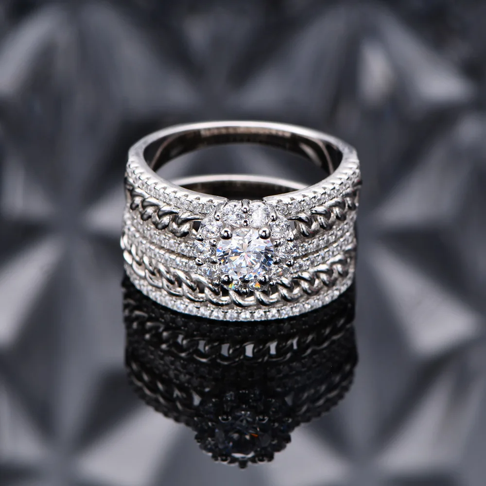 Chain Element Diamond Snowflake Group Inlaid Ring Set S925 Silver Finger Ring Mother Ring European and American Fashion