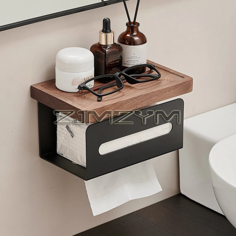 Walnut Paper Holder with Shelf, Aluminum Wall Mounted, Kitchen Bathroom Toilet Paper Storage Rack, Tissue Drawer Box, No Punch