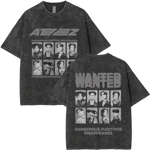 씻어 빈티지 남성 여성 한국어 Kpop 2025 ATEEZ 월드 투어 빛을 향하여 힘을 얻으려는 의지 티셔츠 반팔 멋진 streetwear