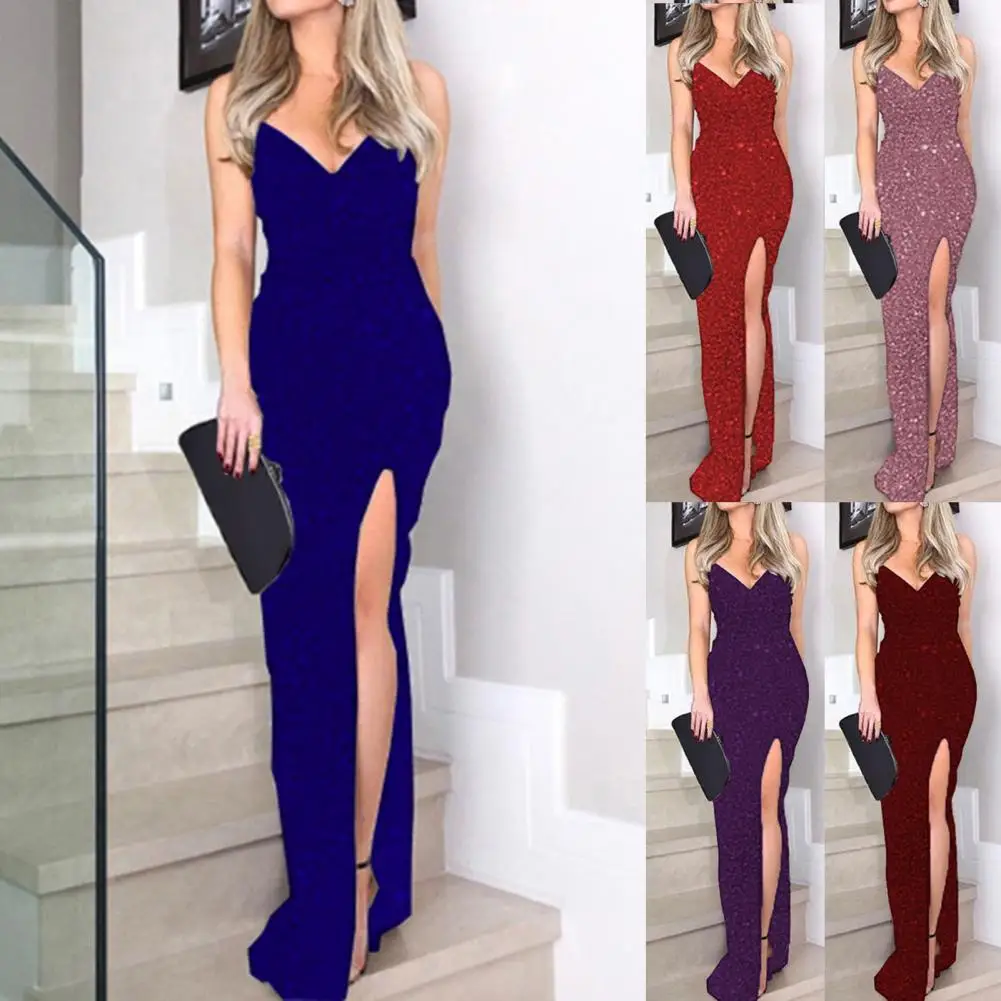 Fashion Formal Dress Pure Color Elegant Dress Adjustable Strap Paillette Design Elegant Dress  Slim Fit