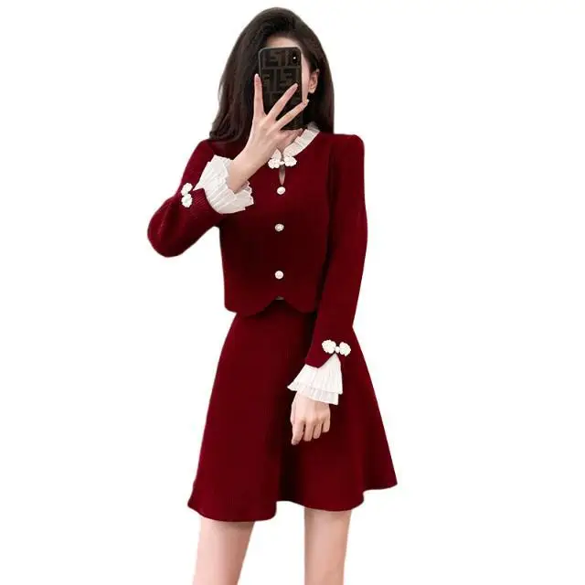 Cheongsam de estilo chino para mujer, conjunto de dos piezas mejorado, falda y chaqueta roja de pana para oficina, Otoño e Invierno