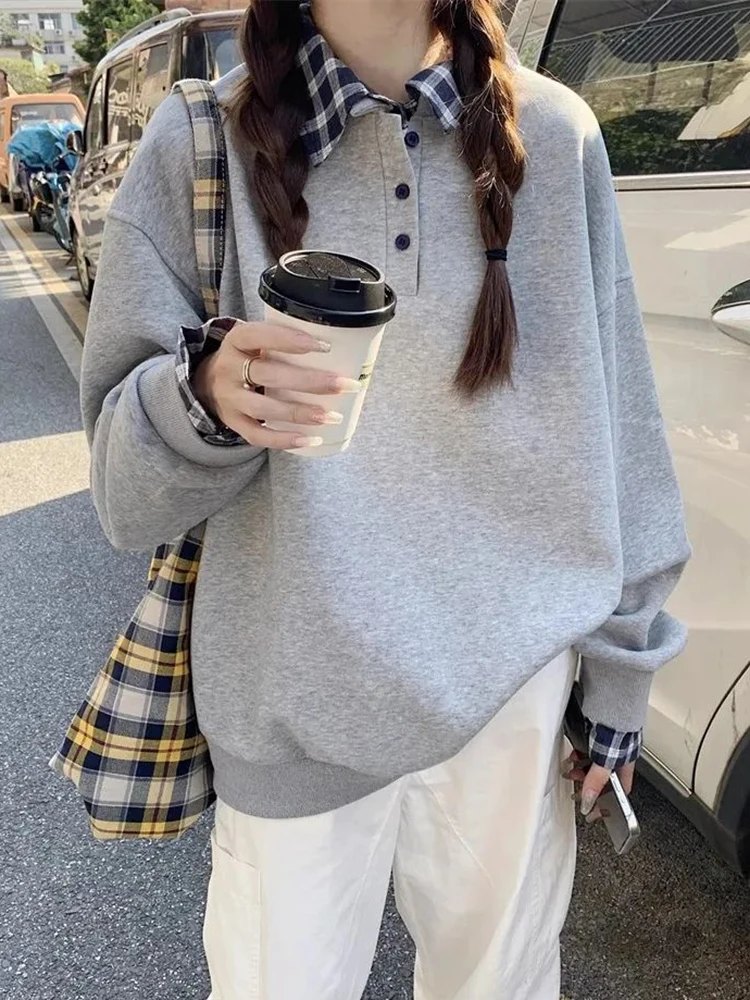 Zoki Retro Plaid Patchwork Sweatshirts Women Preppy Style Loose Casual Pullovers Korean Long Sleeve Vintage Female Simple Tops