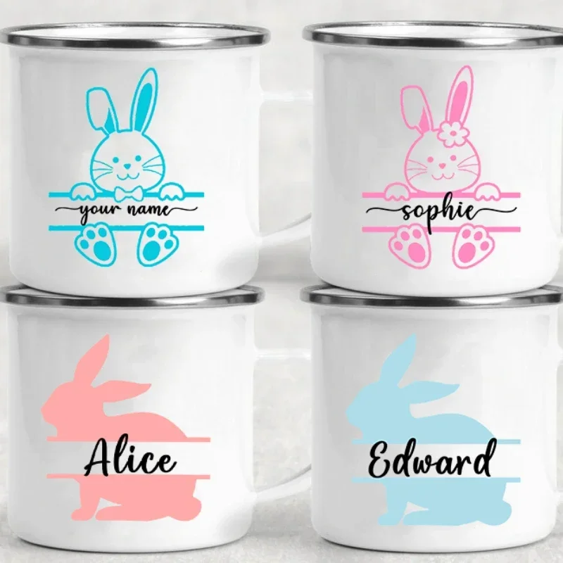 Personalized Rabbit Enamel Mugs with Custom Name, Coffee, Tea, Drinks, Dessert, Breakfast, Milk Cups Handle Drinkware Easter Gif