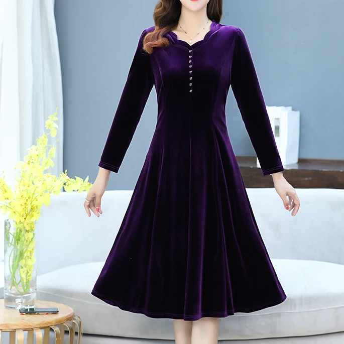 Velvet Long Sleeve Dress Autumn 2024 New Solid Color Elegant Women's Dress