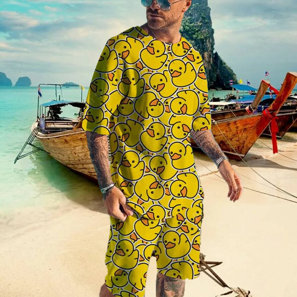 

Summer Cartoon Duck T Shirt Set Vacation Outfits For Men Beach Short Sleeve Tracksuit Casual 2 Piece Sportwear Oversized Clothes