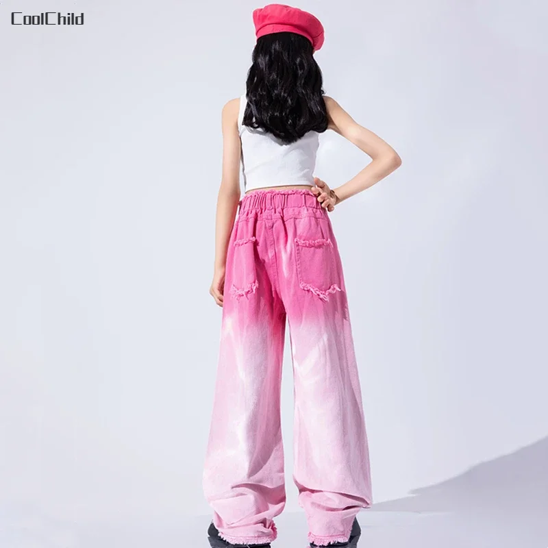 Girls Hip Hop Sweet Butterfly Crop Top Gradient Cargo Pants Kids Street Dance Jeans Clothes Sets Children Streetwear Teen Outfit