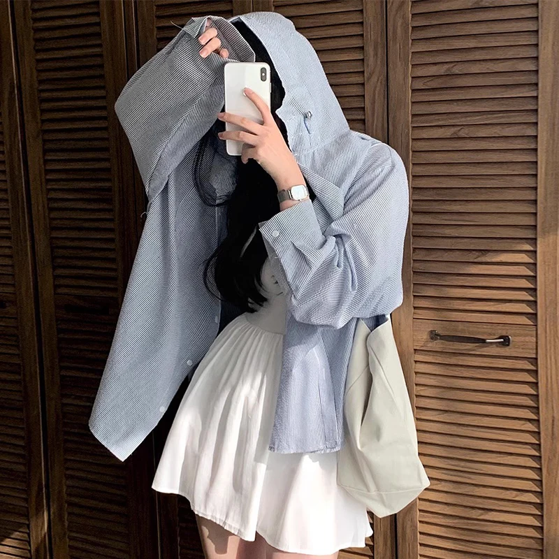 Chic Spring Vintage Anti-Aging Single Button Loose Casual All-Match Hooded Sun Protection Long Sve Striped Women's irt