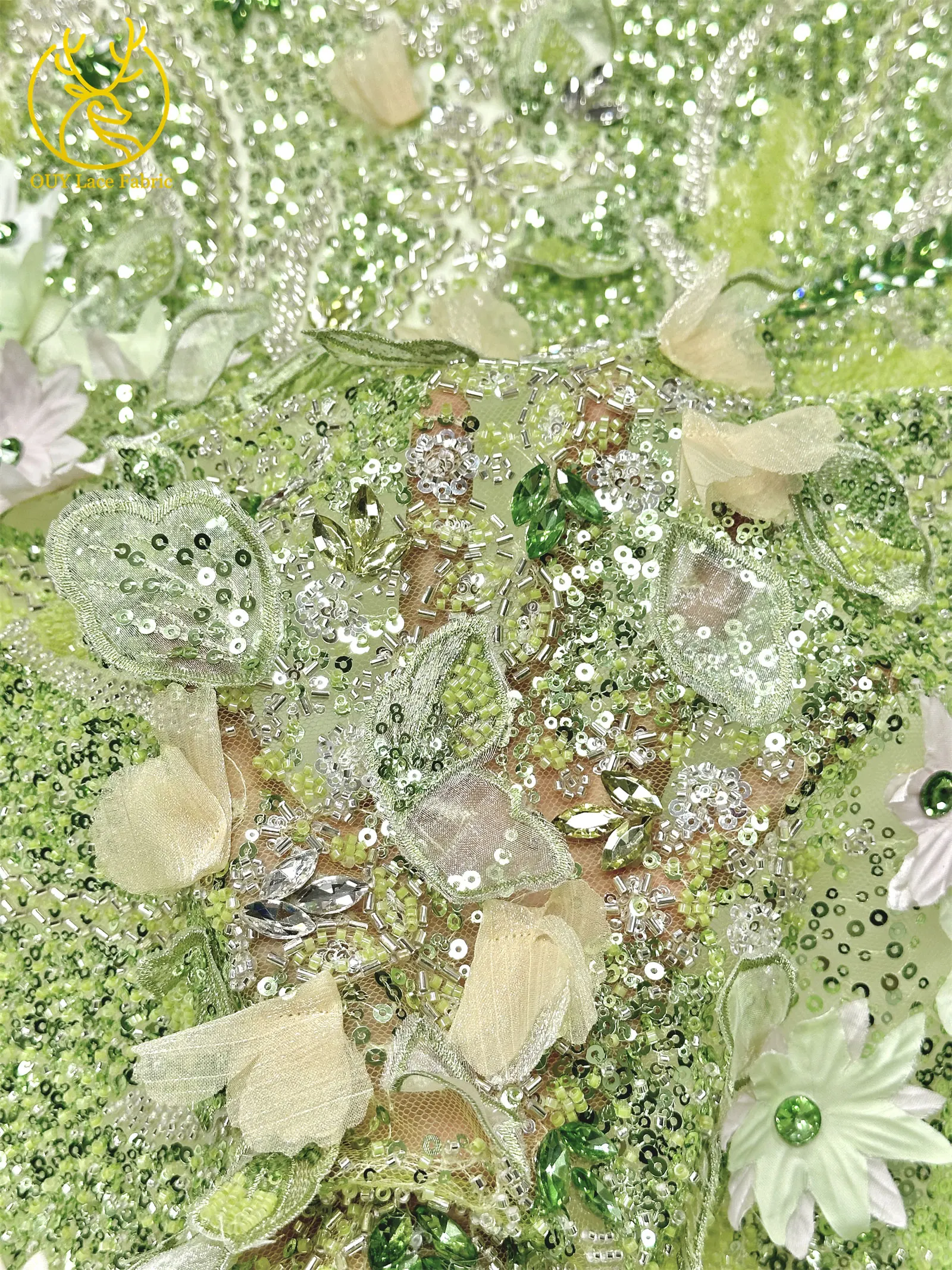 Hochwertiger luxuriöser französischer Edelstein-Perlenstickerei-3D-Blumen-Afrikanischer-Pailletten-Spitzenstoff für DIY handgefertigtes Hochzeitskleid. – Detail 8