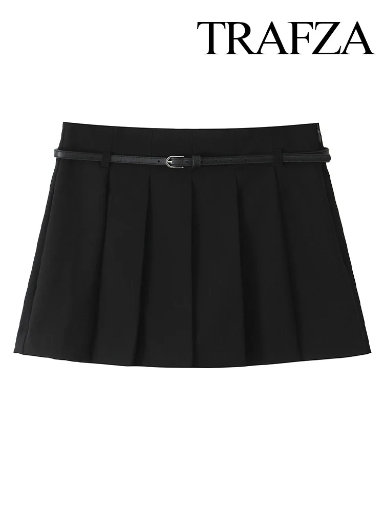 TRAFZA Women Belt Pleated Decoration Mini Culottes Summer Female Fashion High Waist Side Zip Casual Street Style Slim Skirt Pant