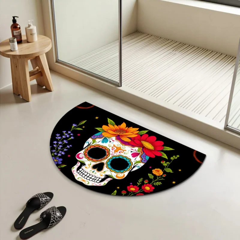 VIKAMA Mexican Sugar Skull Half Circle Doormat Vibrant Floral Print Non Slip Mat Front Door Indoor Outdoor Home Decor