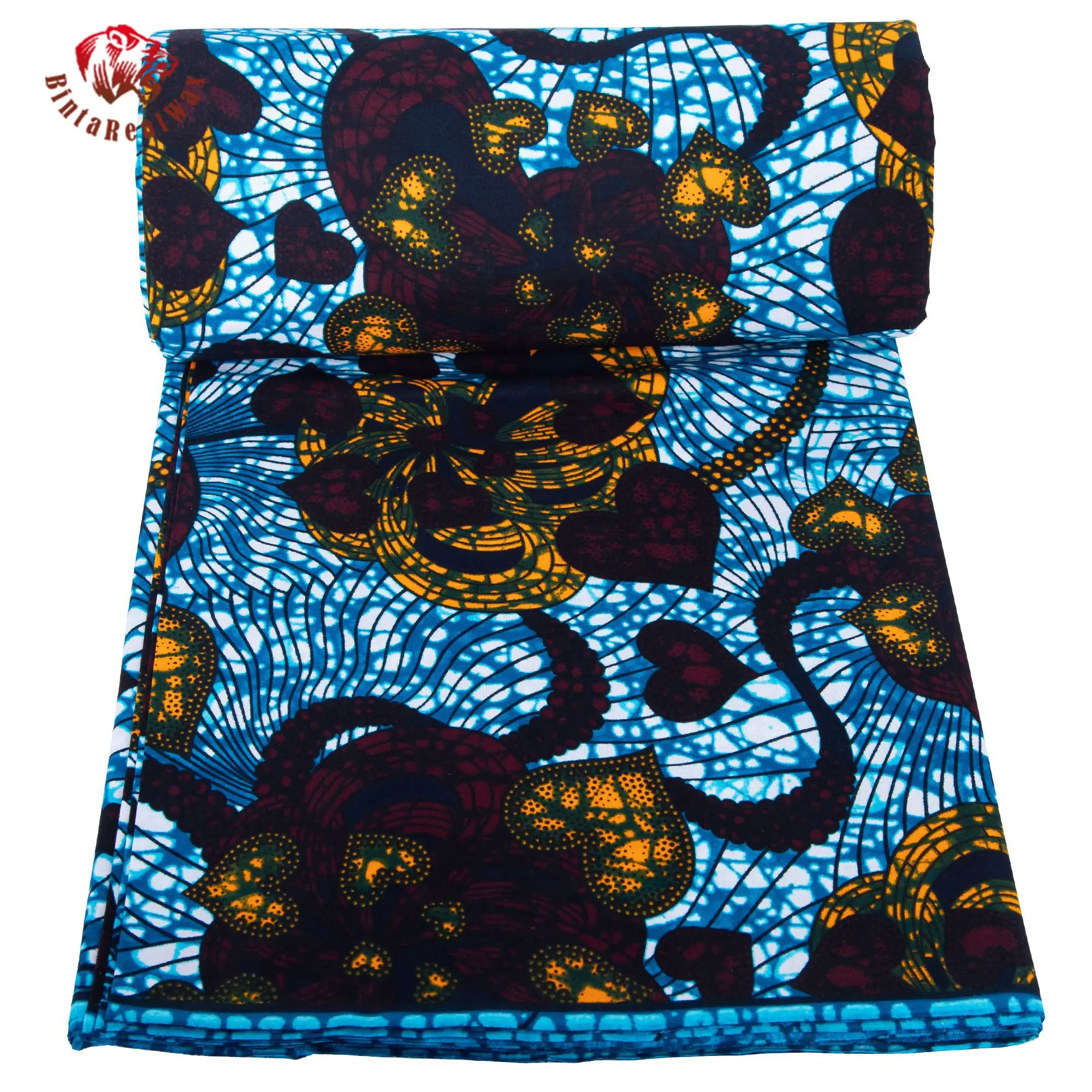 African Wax Print Fabric Vibrant Blue Gold Floral Pattern, High-Quality Cotton Ankara Fabric for Dress, Skirt, Headwrap 24FS1614 view 5