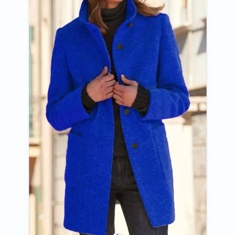 Vintage Women Overcoat Solid Button Stand Collar Woolen Coat Female Autumn Winter Fashion Long Casual Thick Ladies Jacket