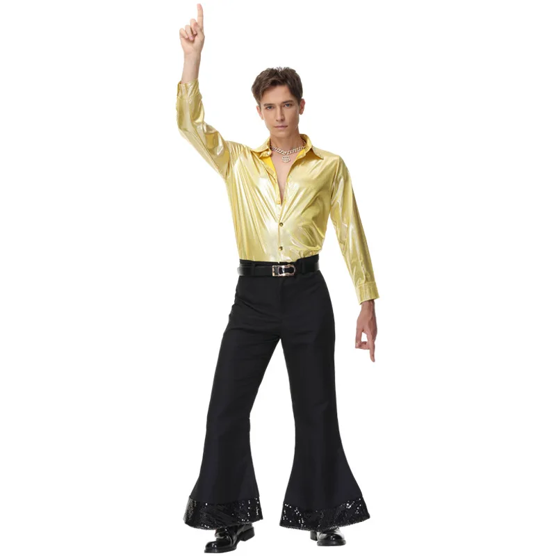 

Men's Retro Hippie Costume Gold Long Sleeve Shirt Black Bell-bottom Pants Outfit Cosplay Halloween Clothes Disco Stage Clothing