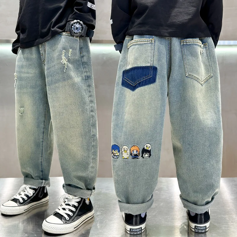 Teen Boys Jeans Spring Fall Children\'s Trousers Loose Fashion Cartoon Ripped Hole Toddler Korean Kids Casual Denim Pants 5-14 Y