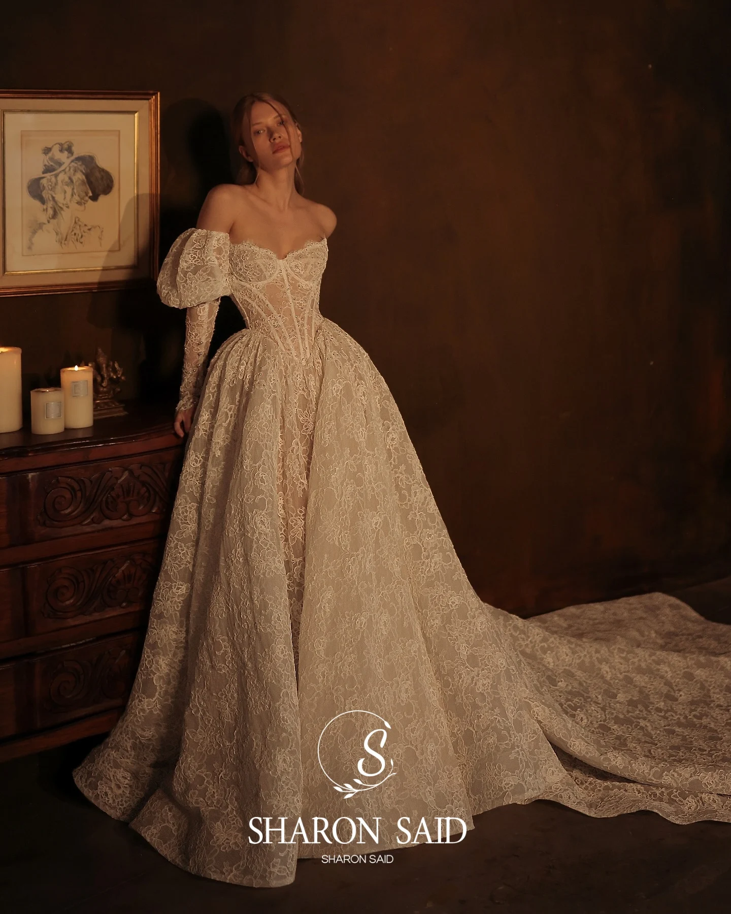 Sharon Said Elegant Lace Long Sleeves Ivory Wedding Dress 2026 Sweetheart Court Train Royal Princess Bride Gown SW074 Customized