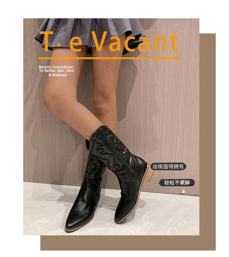 Gold Mid-calf Boots Woman Side Zipper Silver Pointed Western Cowboy Boots Retro Fashion Black Boots Plus Size 36-43 Women Boots