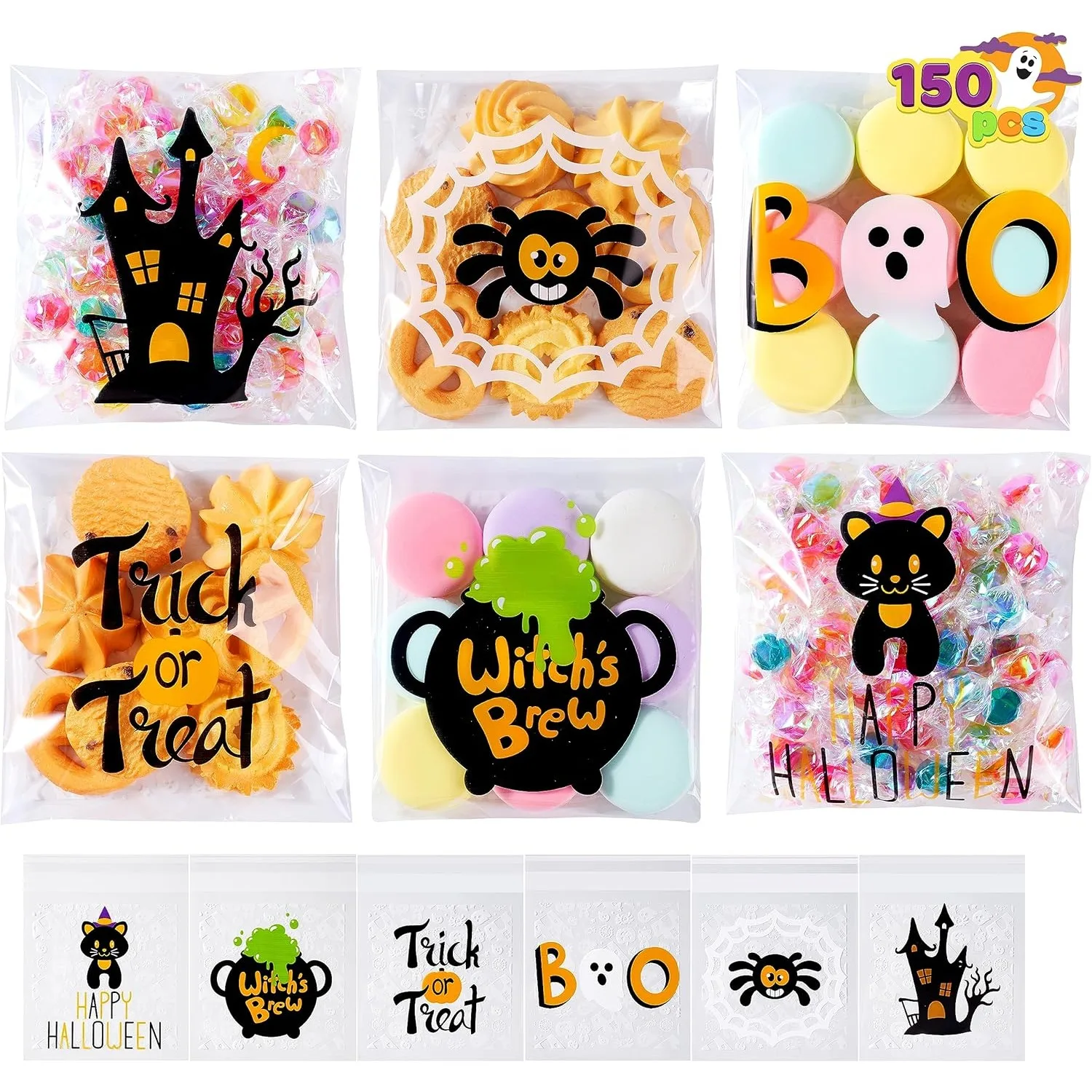 150 PCS Cellophane Treat Bags Halloween Self Adhesive Clear Cookie and Candy Bags for Kids Trick or Treating, Small Goodie Gift Ziplock Bag Bulk for Halloween Party Favors Supplies in 6 Designs