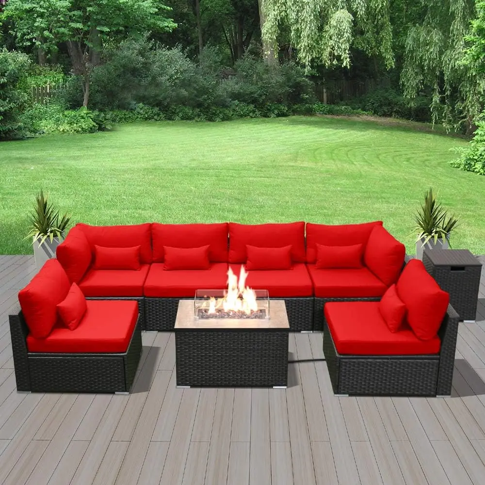 Patio Furniture Sectional Sofa with Gas Fire Pit Table Outdoor Patio Furniture Sets Propane Fire Pit (red-Rectangular Tab