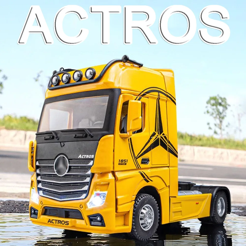 1:36 Miniature Scale Actros Metal Diecast Toy Car Models Tractor Trucks Sound Light Rubber Tires Engineering Vehicle for Boys