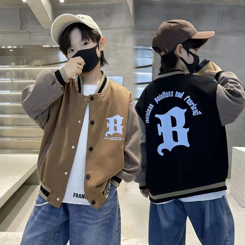 Autumn Boys Spring Cotton Contrast Alphabet Single-breasted Sweat Varsity Jacket School Kid Track Coat Child Outfit Tops 5-16Yrs