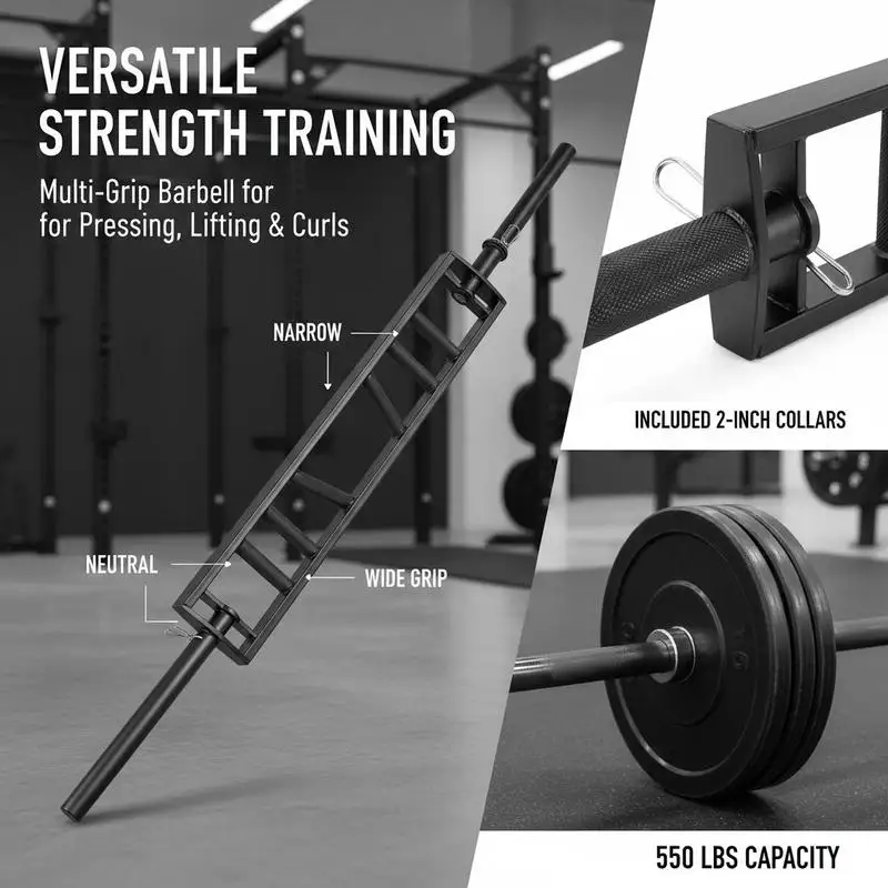 Multi-Grip Weightlifting Rod 83-inch For Bench Press Bicep Curls Shoulder Training 550 LBS Capacity 3 Hand Positions Knurled Handles 2 Safety Collars Heavy Duty Steel Construction Home Gym Equipment