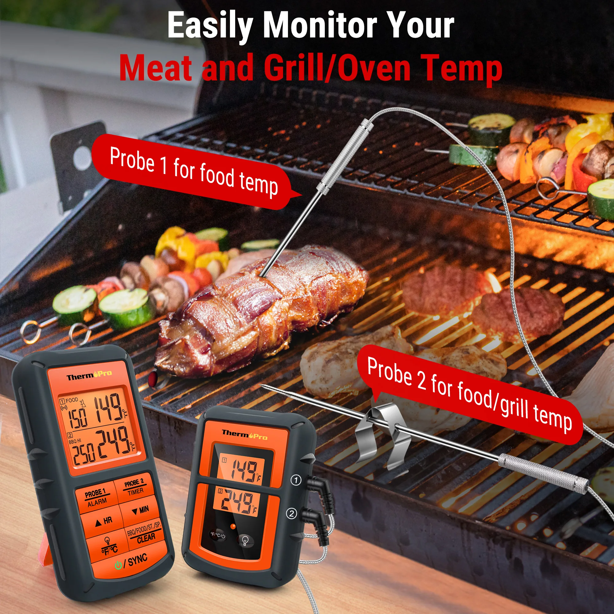 ThermoPro TP-08C Wireless Meat Thermometer Dual Probe Digital Remote BBQ Grill Smoker Oven Food Cooking Temperature Alarm Timer view 3