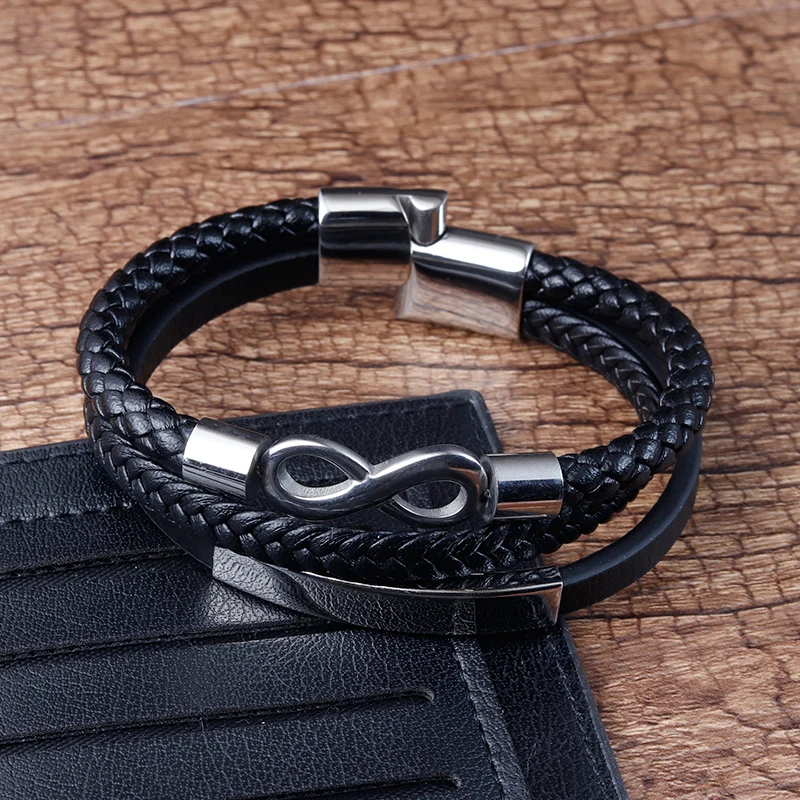 Classic Double-layer Accessories Specially Designed Stainless Steel Men\'s Leather Bracelet Multi-Color Combination Surprise Gift