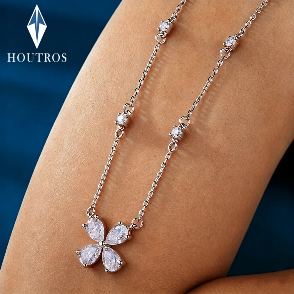 Four Leaf Clover Moissanite Pendant Necklaces for Women Round & Pear Cut Diamond Necklace S925 Silver Party Wedding Jewelry Gift