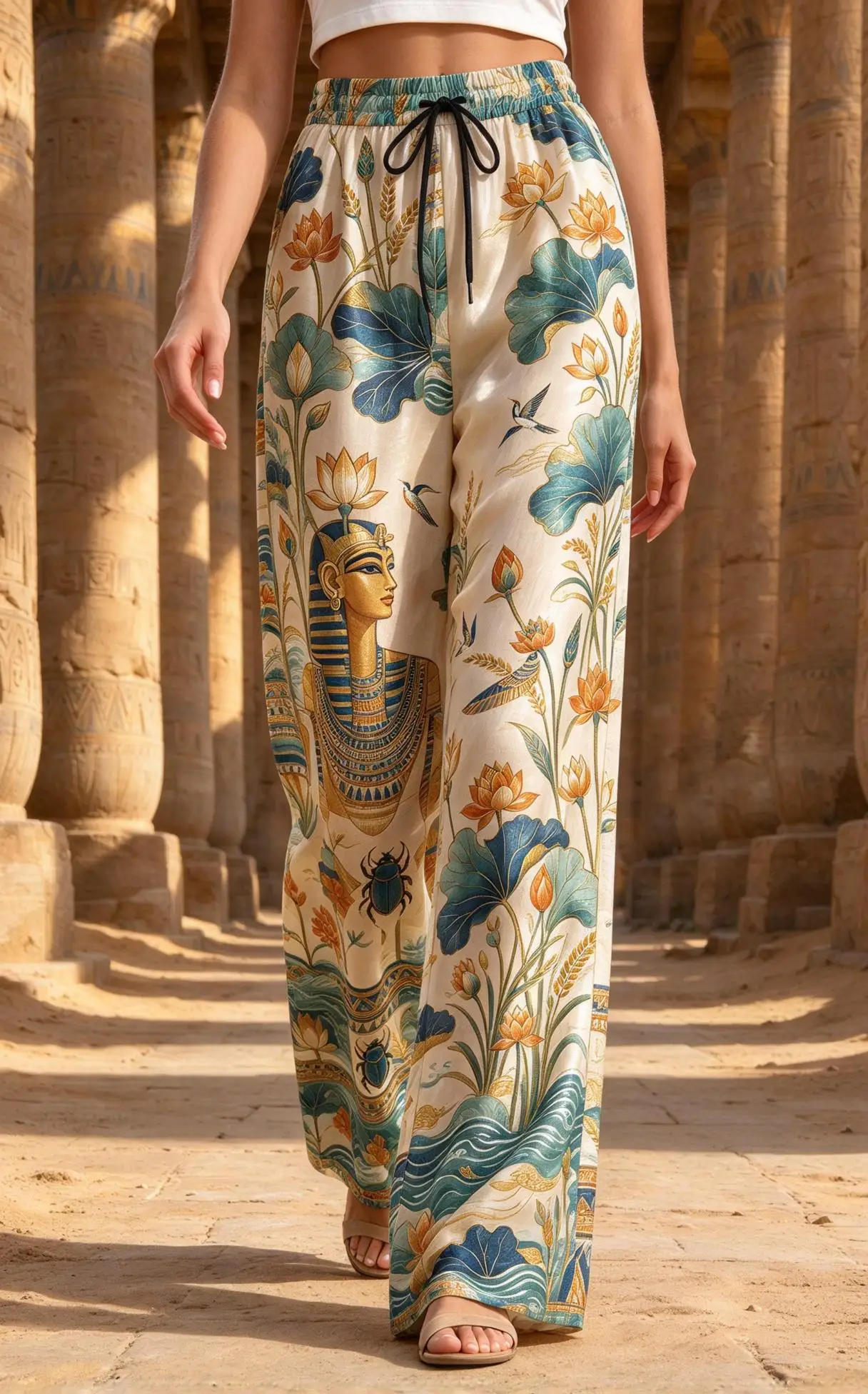 Women Drawstring Wide Leg Pants Ancient Egyptian Pharaoh Scarab Lotus Print Loose Bohemian Trousers
