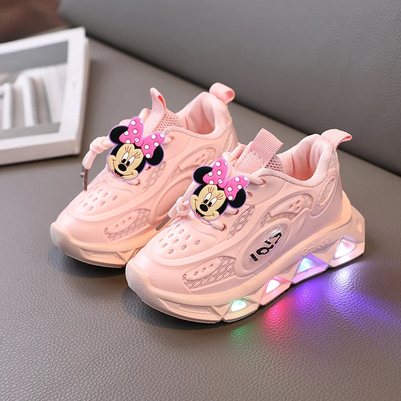 

Disney Minnie Mouse New Fashion Sports Luminous Spring Autumn Breathable Casual Shoes with Lights Soft Bottom Shoes for Children