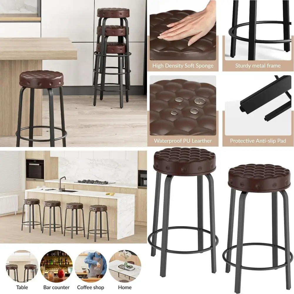 Set di 2, 24 sgabelli da bar alti impilabili in pelle PU, sedie imbottite rotonde senza schienale per cucina, sala da pranzo e caffè, marrone