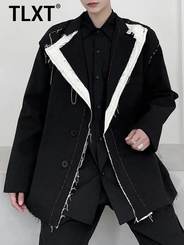 

TLXT Women's Wear Design Blazers Rough Selvedge Contrast Color Patchwork Handmade Bright Line Niche Oversize Suit Coat XK911