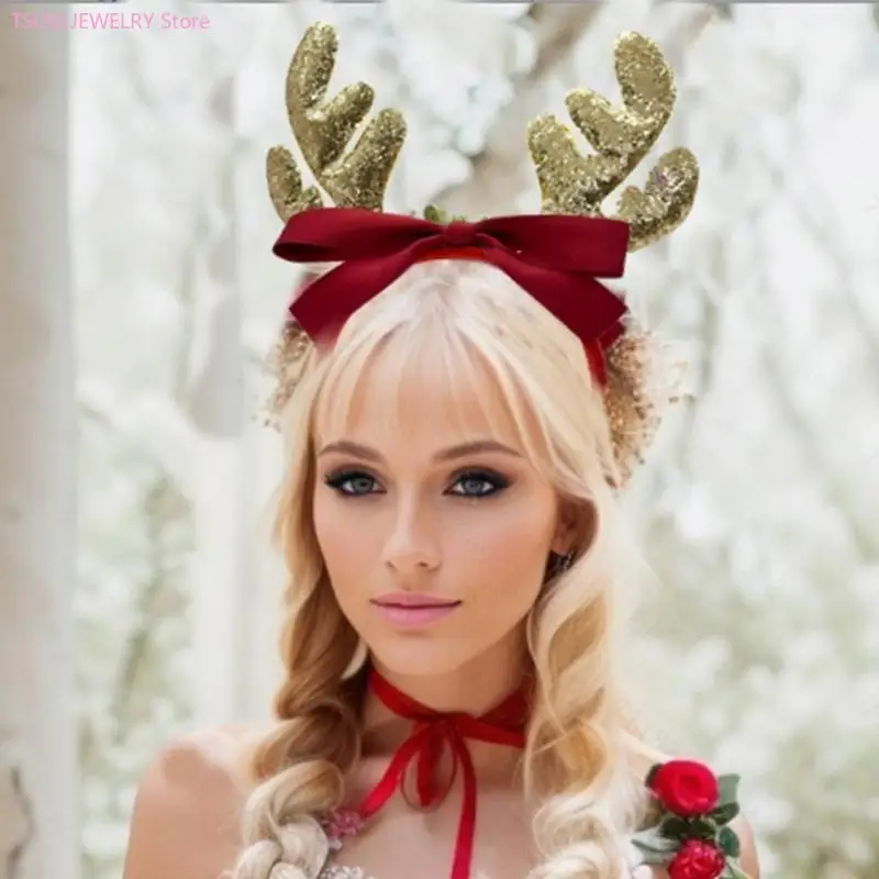 62KE مسحوق لامع عيد الميلاد عقال مهرجان Bowknot الرنة الشعر هوب الأسرة جمع الدعائم عطلة حزب التبعي